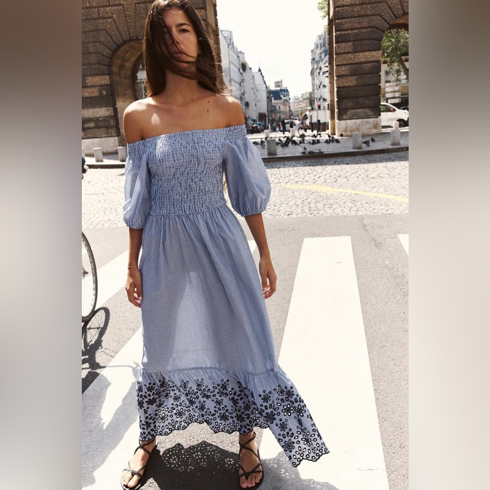 ZARA STRIPED EMBROIDERED EYELET DRESS